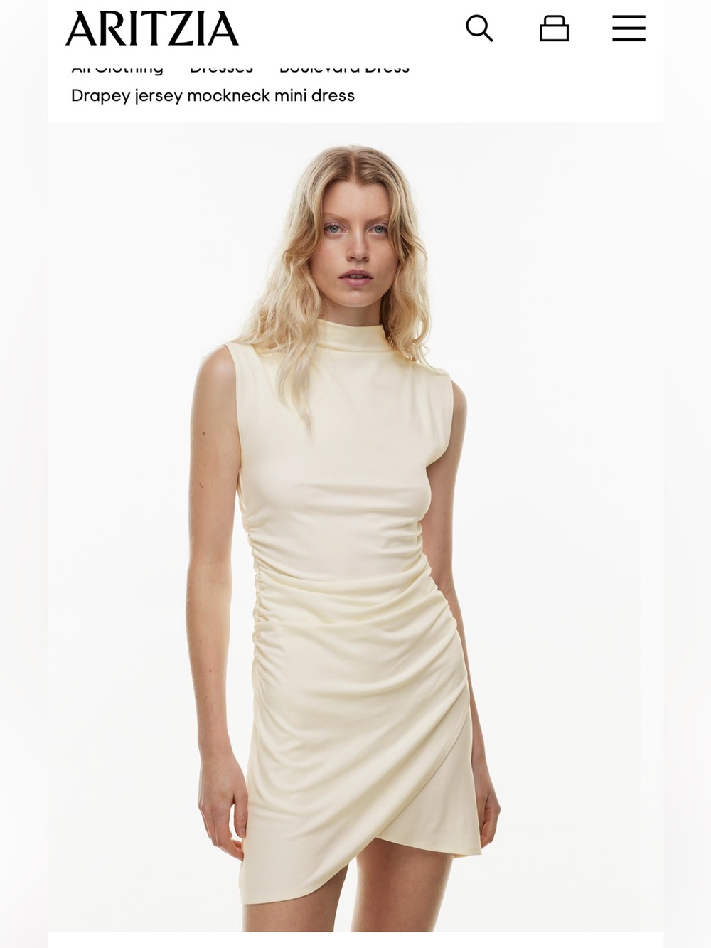Aritzia Cream Sleeveless Ruched Mini Dress with High Neckline